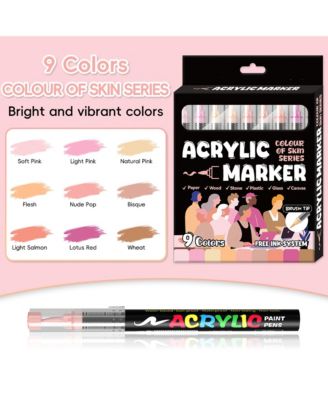 9 Colors Beauty Skin Tone Series Acrylic Markers, Soft-Tip Direct-Ink Pigment Pens, Automatic Ink Control for Rock, Egg, Wood, Glass, Paper