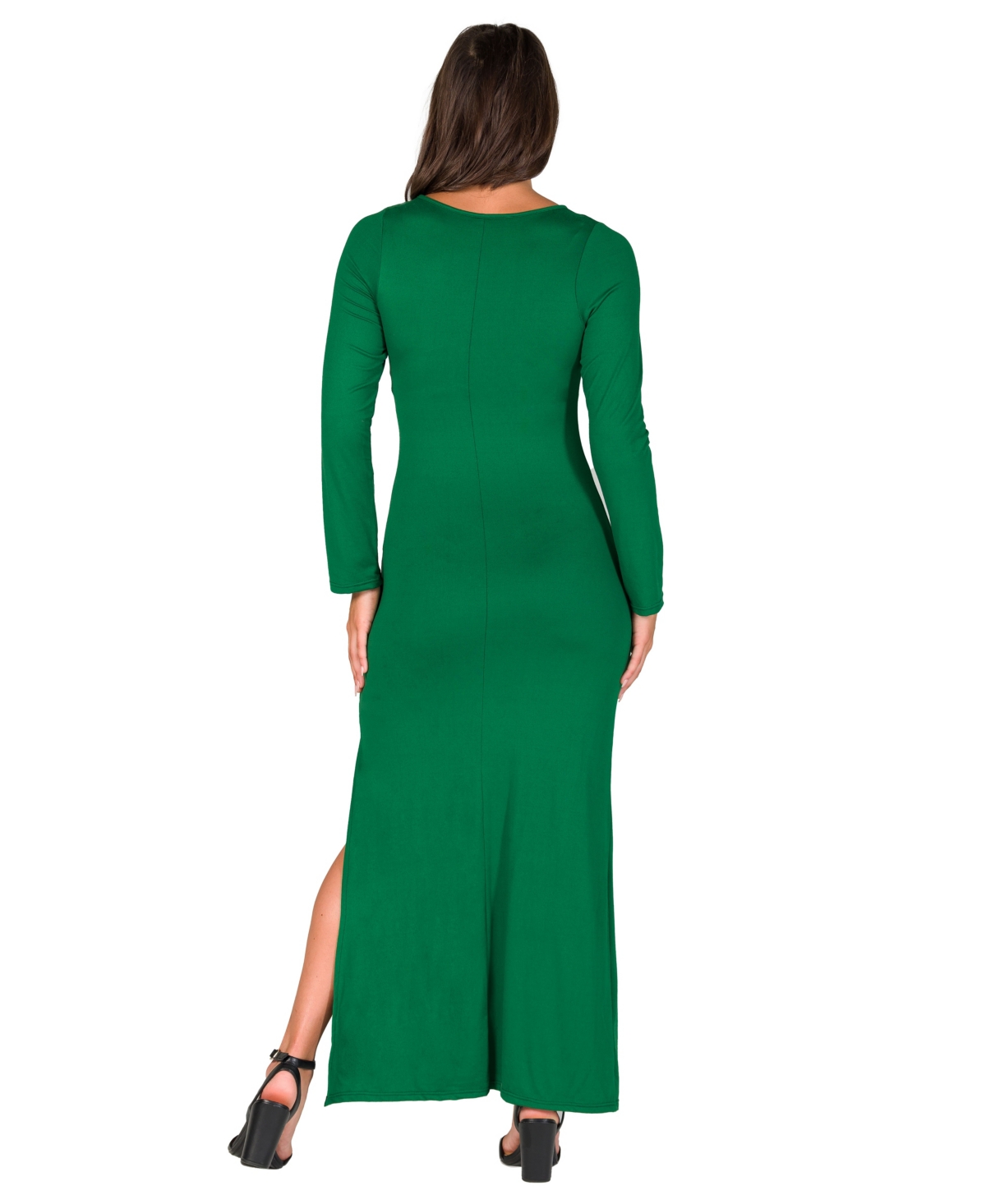24seven Comfort Apparel Petite Long Sleeve Side Slit Fitted Maxi Dress In Green