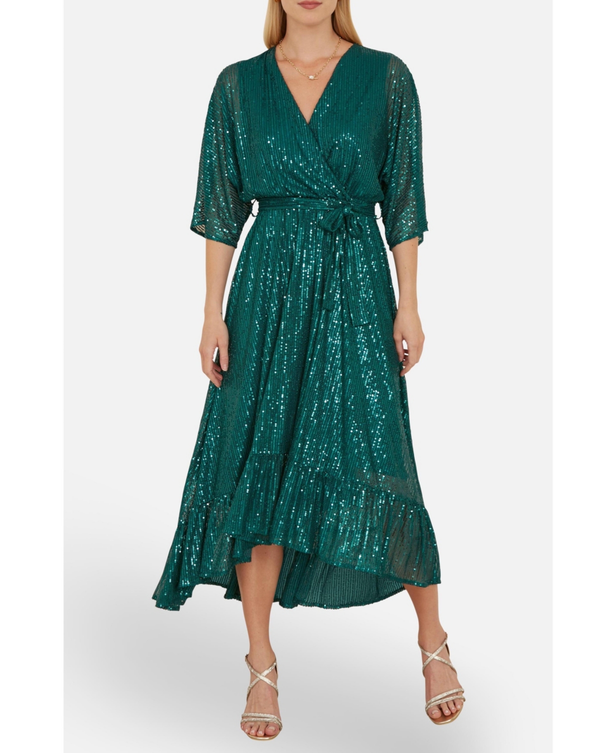 Yumi Women's Sequin Kimono Midi Wrap Dress