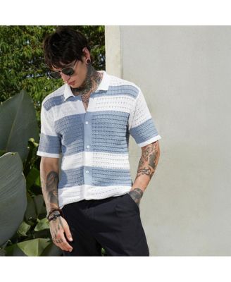 Men's Icy Blue & Daisy White Panel-Knit Relaxed Shirt