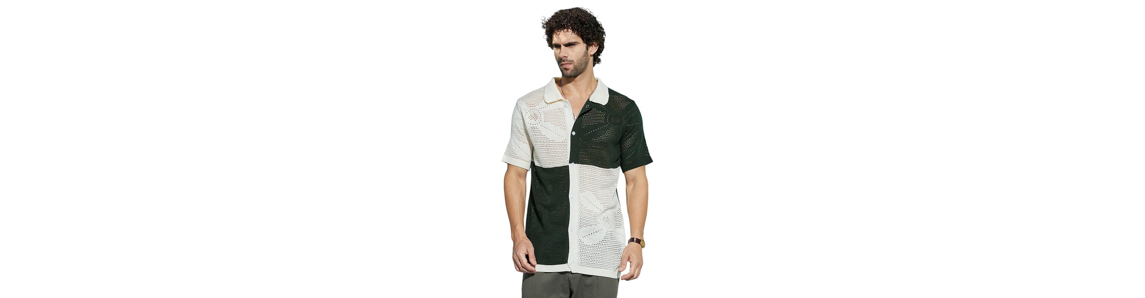 Campus Sutra Men's Emerald Green & Cream White Block Open-Knit Polo Shirt