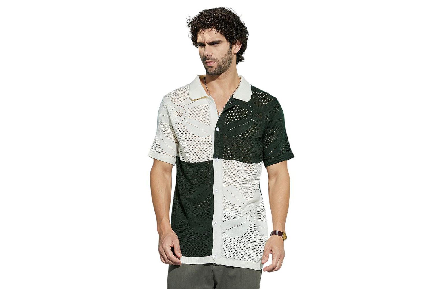 Men's Emerald Green & Cream White Block Open-Knit Polo Shirt