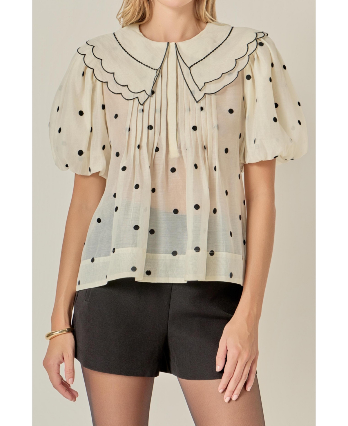 English Factory Women's Scalloped Collar Sheer Polka Dot Blouse