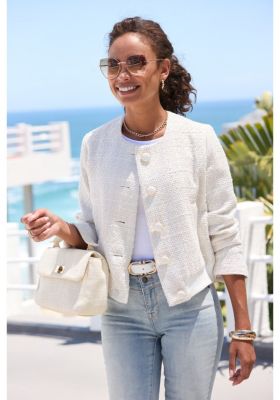 Women's Round Neckline Button Up Tweed Jacket