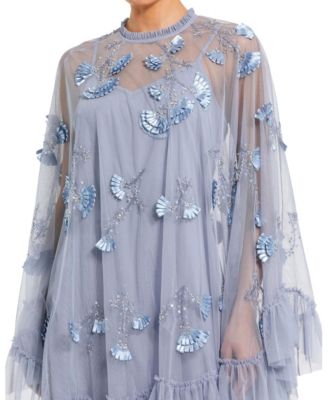 Women's Embellished Long Sleeve Trapeze Dress with Ruffle Hem
