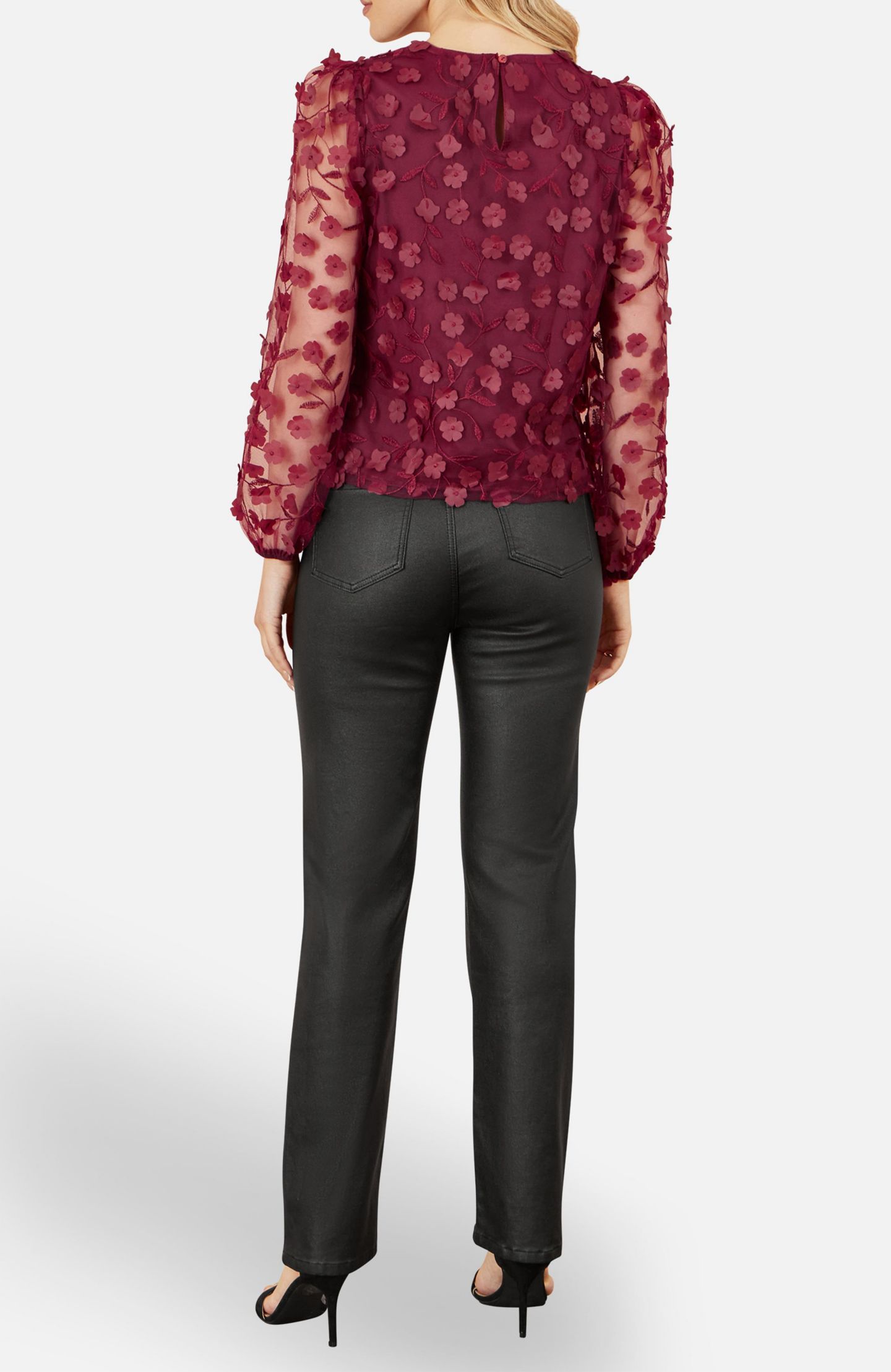 Женский топ Yumi Sheer Sleeve Applique, цвет: Бордовый — фото 5