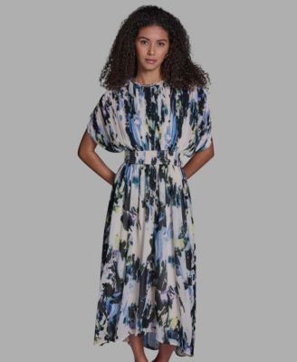 Women's Abstract Print Crewneck Cape Maxi Dress