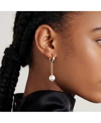 Two-Tone Mismatched Drop Earrings with Silver Huggies, Gold Paperclip Chains & Freshwater Pearls