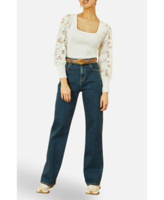 Women's Ribbed Knitted Lace Sleeve Top