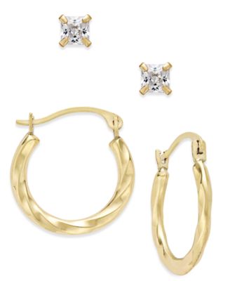 Macy's - 2-Pc Set Cubic Zirconia Studs and Twisted Hoop Earrings in 10k Gold