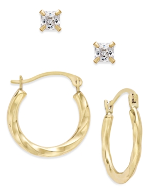 image of 2-Pc. Set Cubic Zirconia Studs and Twisted Hoop Earrings in 10k Gold