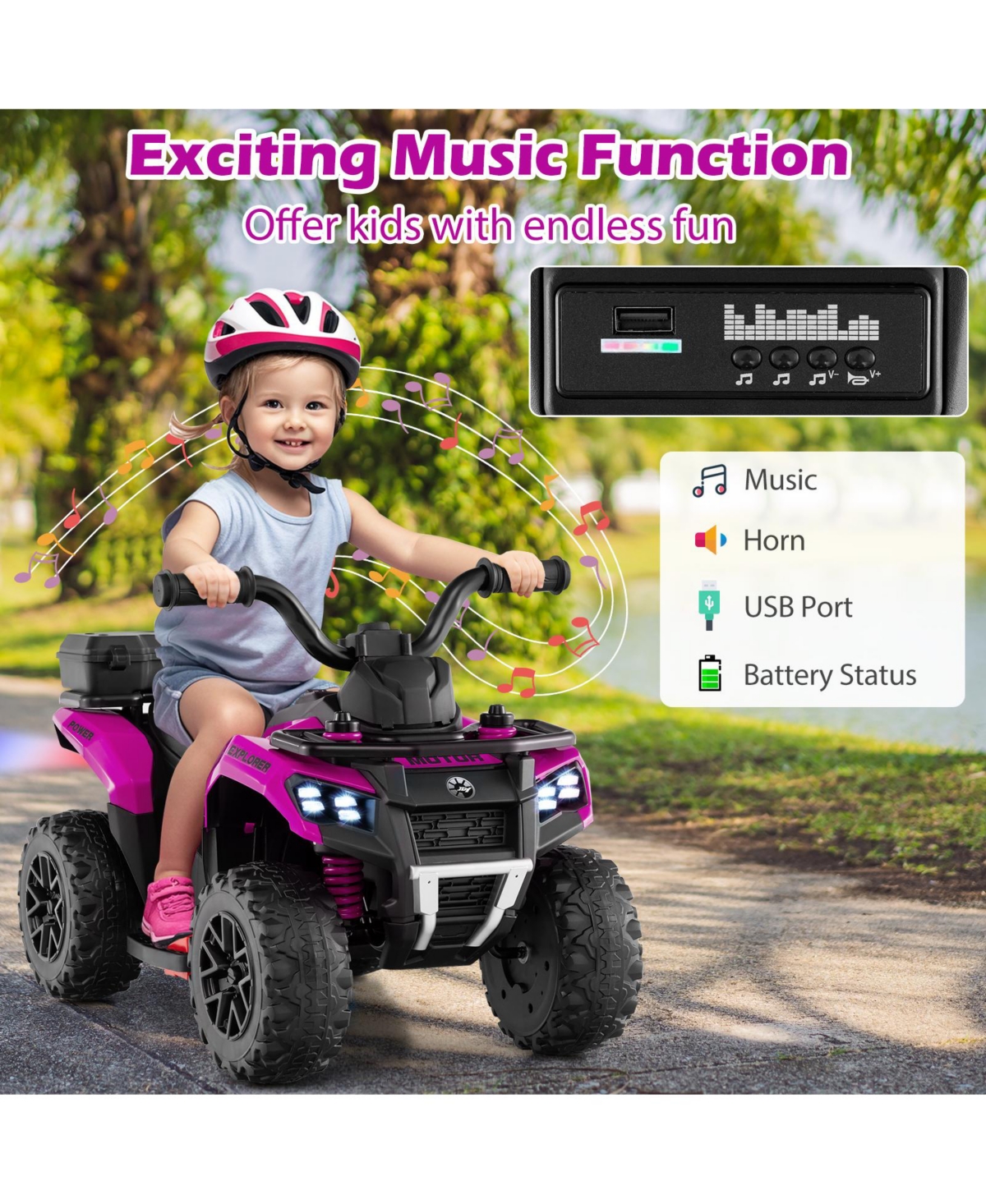 Sugift 6V Kids Ride On Atv with Music, Spray, and Storage