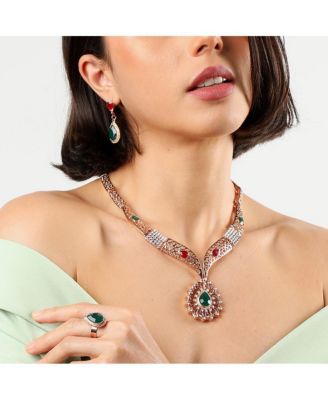 Women's Gold Teardrop Stone Necklace, Earrings, Bracelet And Ring (Set Of 4)