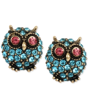 image of Betsey Johnson Gold-Tone Blue Pave Owl Stud Earrings