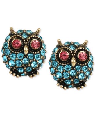 Betsey Johnson Gold-Tone Blue Pavé Owl Stud Earrings - Macy's