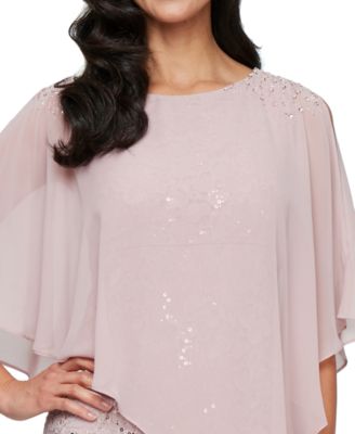 Petite Round-Neck Sequin Lace Cape Dress