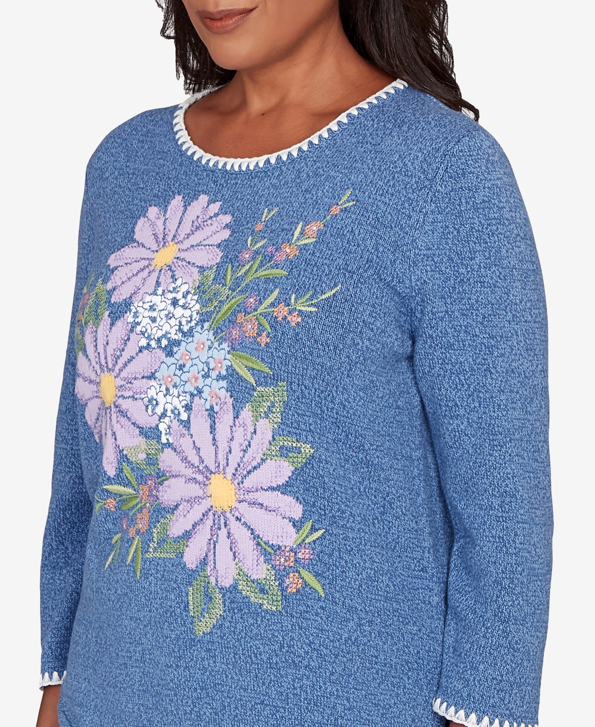 Alfred Dunner Petite Hilton Head Cross-stitched Floral Pull-on Sweater In Blue