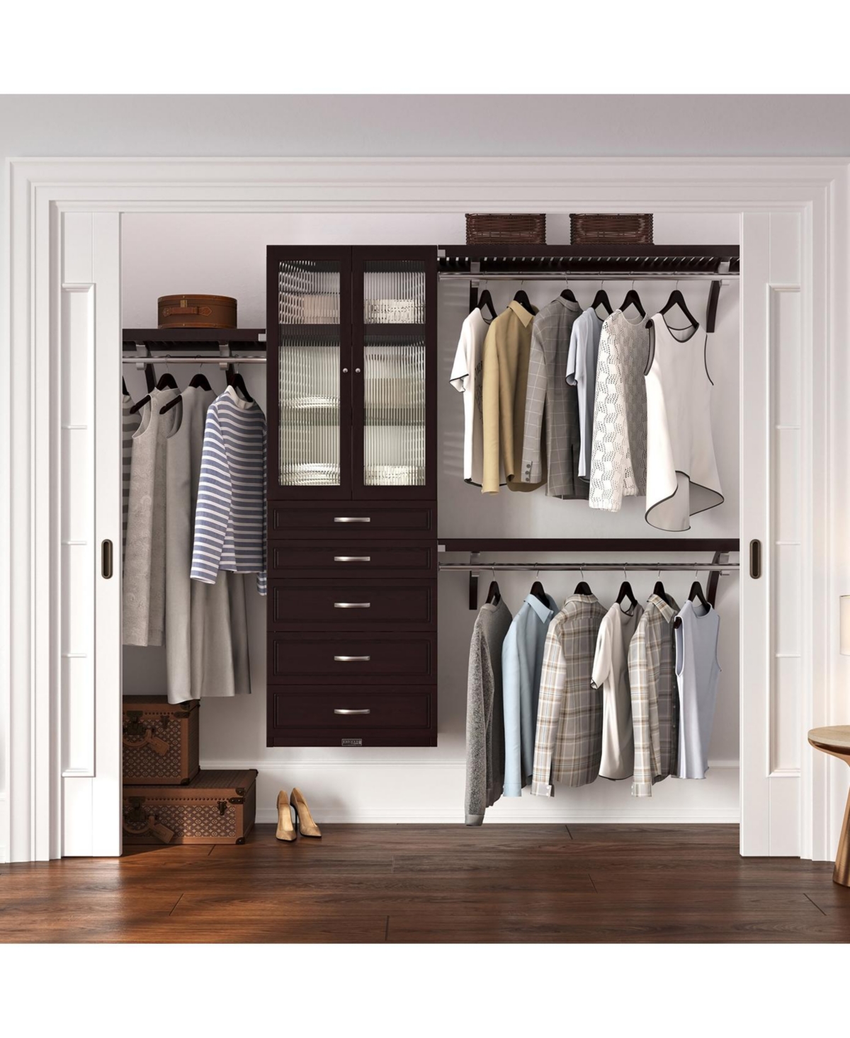 John Louis Home Solid Wood Walk-In Closet Organizer with 5 Drawers and Glass Doors