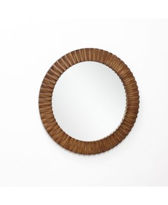 Rustic Oak Wood Textured Round Wall Mirror, 29” Decorative Home Accent
