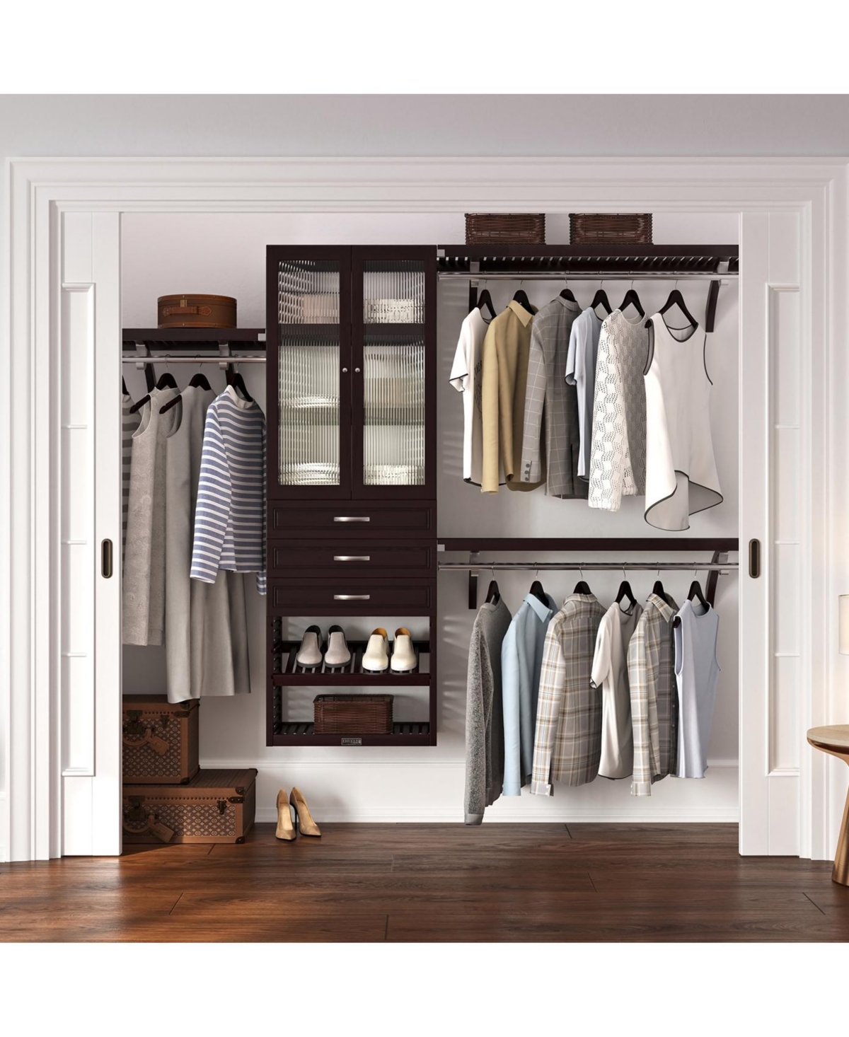 John Louis Home Solid Wood Walk-In Closet Organizer with 3 Drawers and Glass Doors