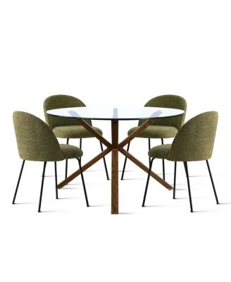 5-Piece Round Glass Dining Table Set, Modern Kitchen Table with Upholstered Chairs & Metal Legs-Maison Boucle