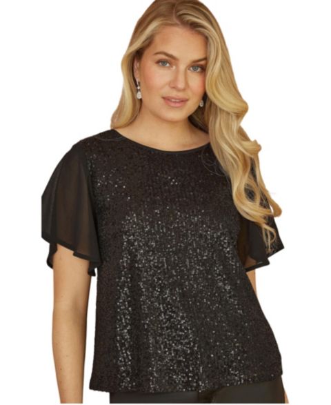 Женский топ Yumi Sheer Sleeve Sequin, цвет: Чёрный