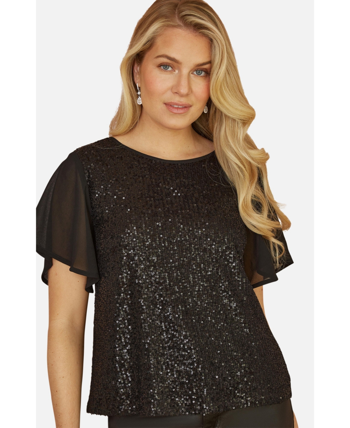 Yumi Women's Sheer Short Sleeve Sequin Top