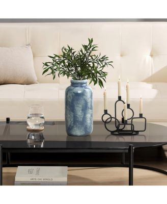 13.8" Terracotta Blue Mottled Round Vase, Ceramic Jar for Dried Flowers & Home Decor