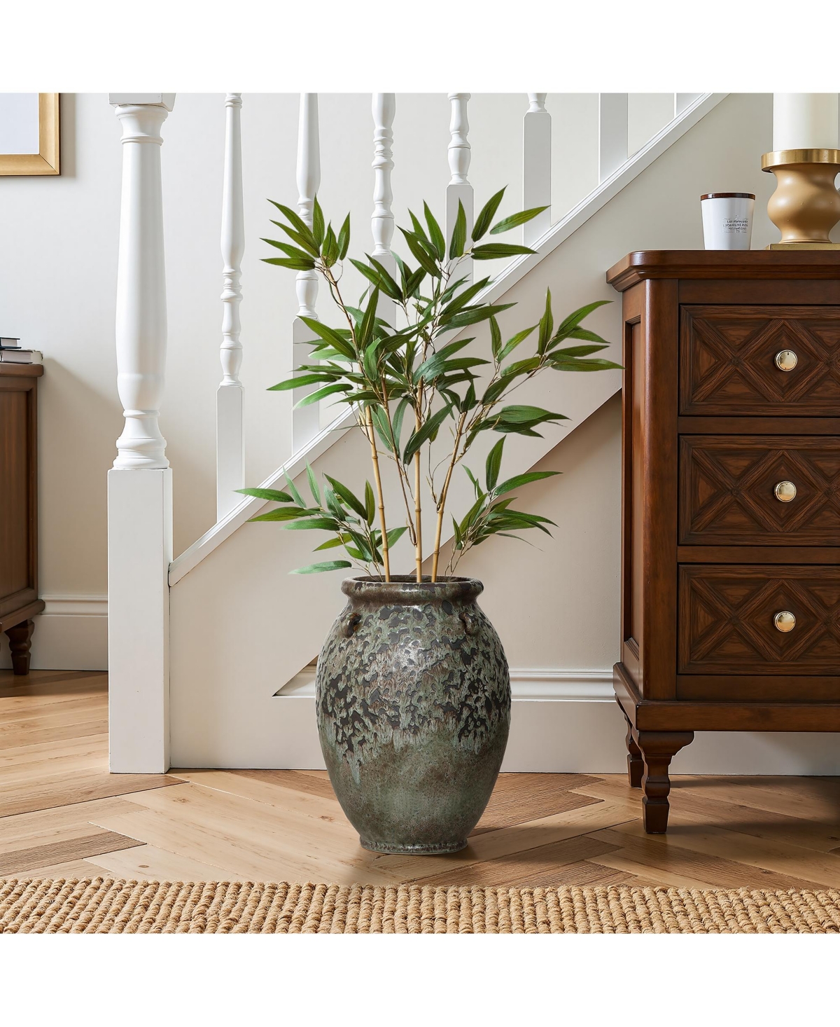 LuxenHome Antiqued Terracotta Jar Vase, Rustic 14.17-Inch Green & Brown Flower Holder