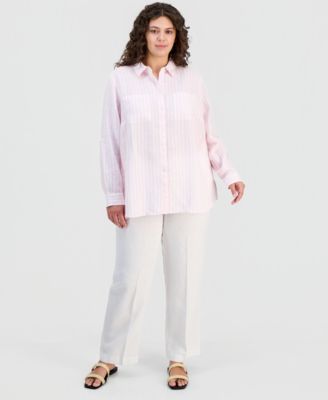 Plus Size 100% Linen Striped Button-Front Shirt