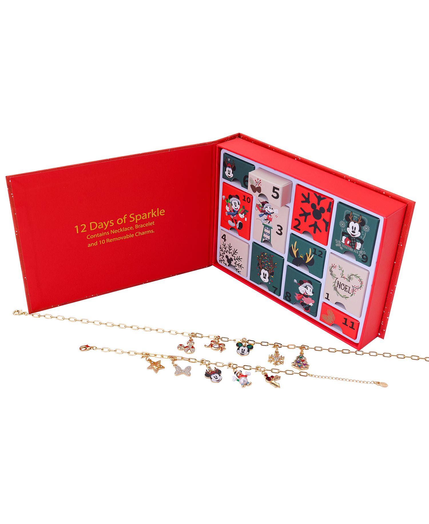 Disney's Mickey & Minnie Mouse 14k Gold Flash Plated Necklace & Bracelet Charm Set Advent Calendar