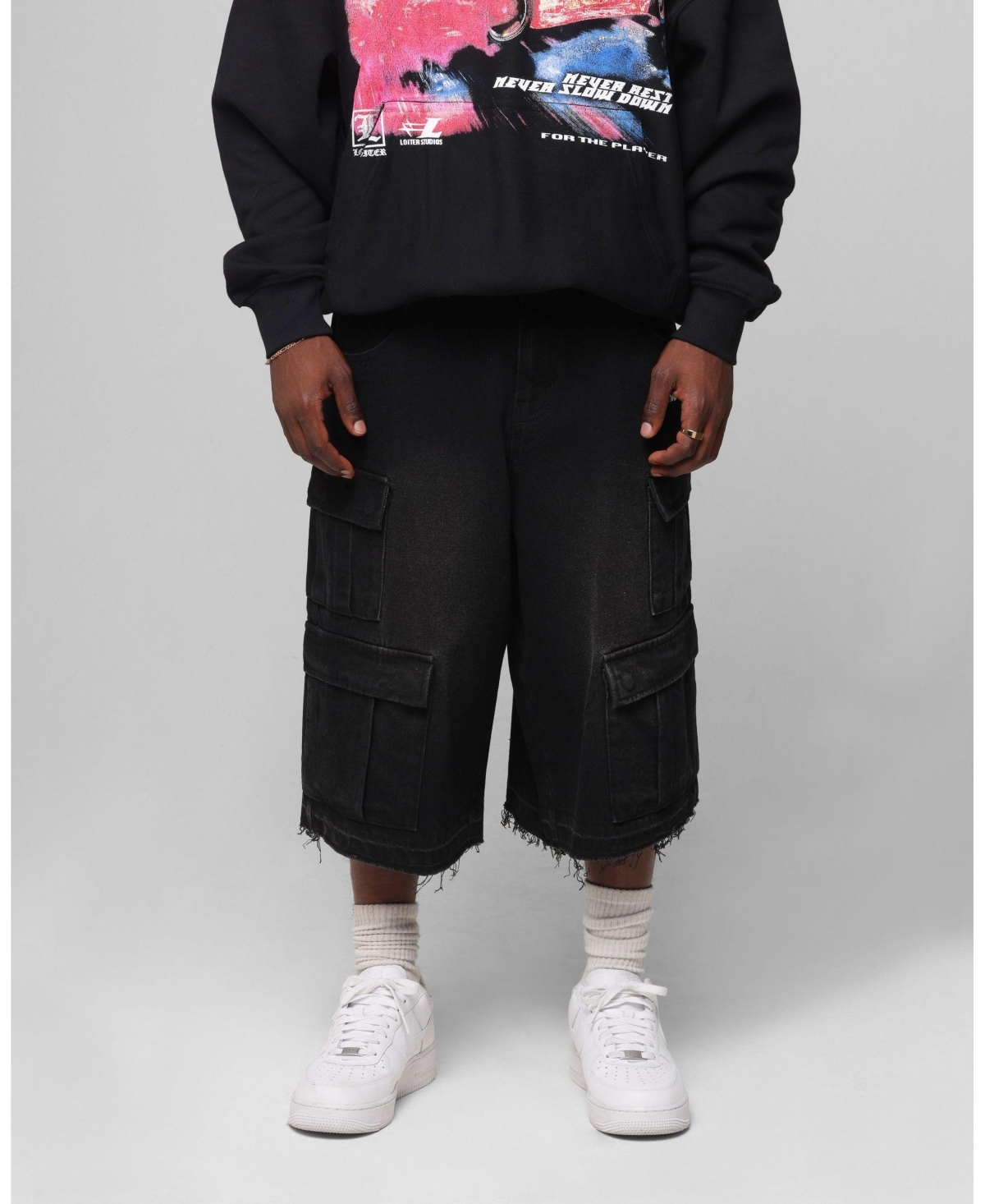 mnml Men's Loiter 3 Quarter Denim Cargo Pants with Embroidered Star Graphics