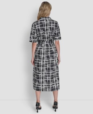 Women's 3/4-Sleeve Collared Neck Cotton Midi Shirt Dress