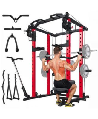 Power Cage Squat Rack with Optional LAT Pulldown, 2000lbs Weight Cable Machine with Pulley Workout System for Home Gym