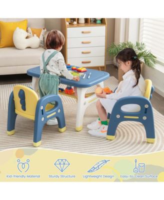 Kids Table and 2 Chairs Set Activity Art Desk with Storage Shelf & Building Blocks