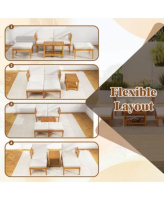 5 PCS Acacia Wood Patio Chaise Lounge Chair Set with 2-Tier Coffee Table Cushions