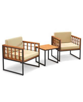 3 PCS Patio Chair Set Acacia Wood Sofa Set with Metal Support Soft Seat Cushions