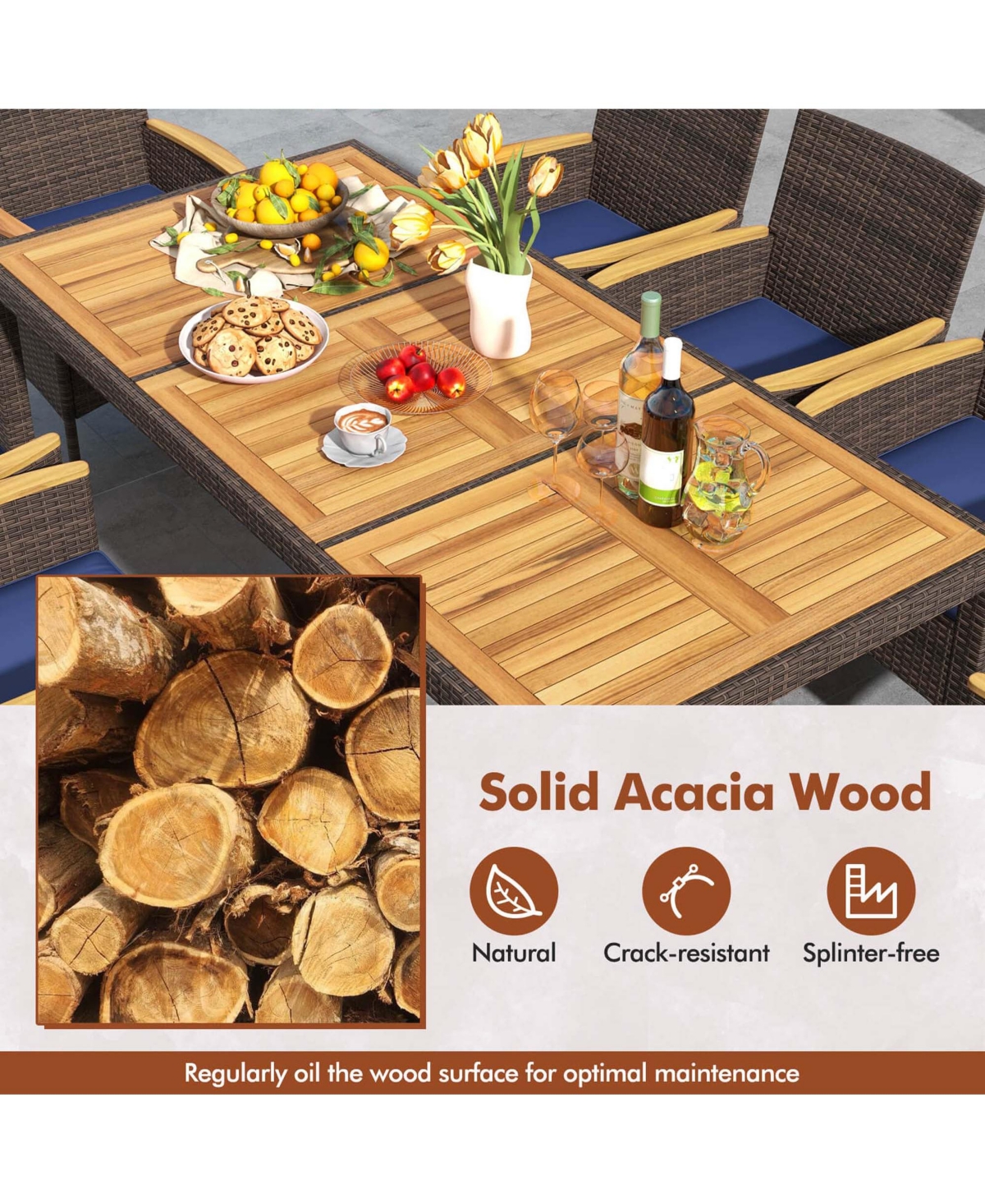Costway 9PCS Outdoor Dining Set with Acacia Wood Table Top Patio Dining Set for 8 People