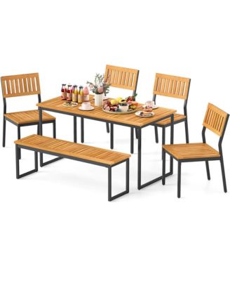 6 PCS Outdoor Acacia Wood Dining Set with Bench and 2" Umbrella Hole Outdoor Patio