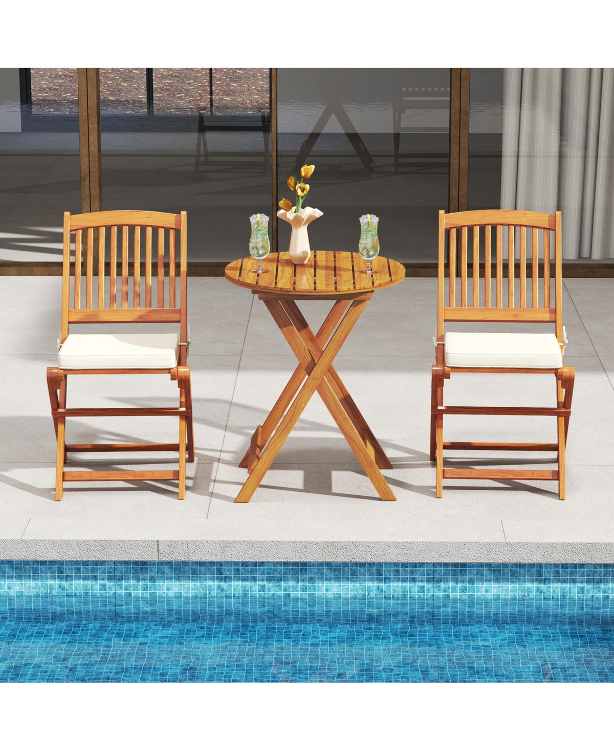 Outdoor Folding Chairs Set of 2 Acacia Wood High-Back Chair with Seat Cushions