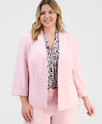 Plus Size Stretch Crepe Open-Front 3/4-Sleeve Collarless Blazer