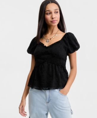 Juniors' Lace Puff-Sleeve Babydoll Top
