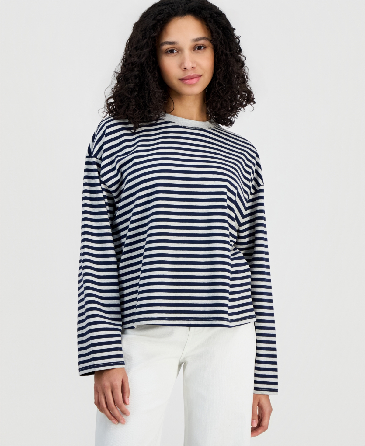 Hippie Rose Juniors' Oversized Striped Long-Sleeve Crewneck Tee