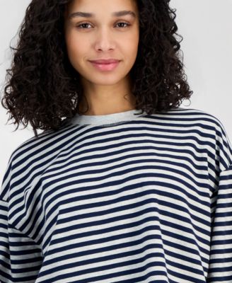 Juniors' Oversized Striped Long-Sleeve Crewneck Tee