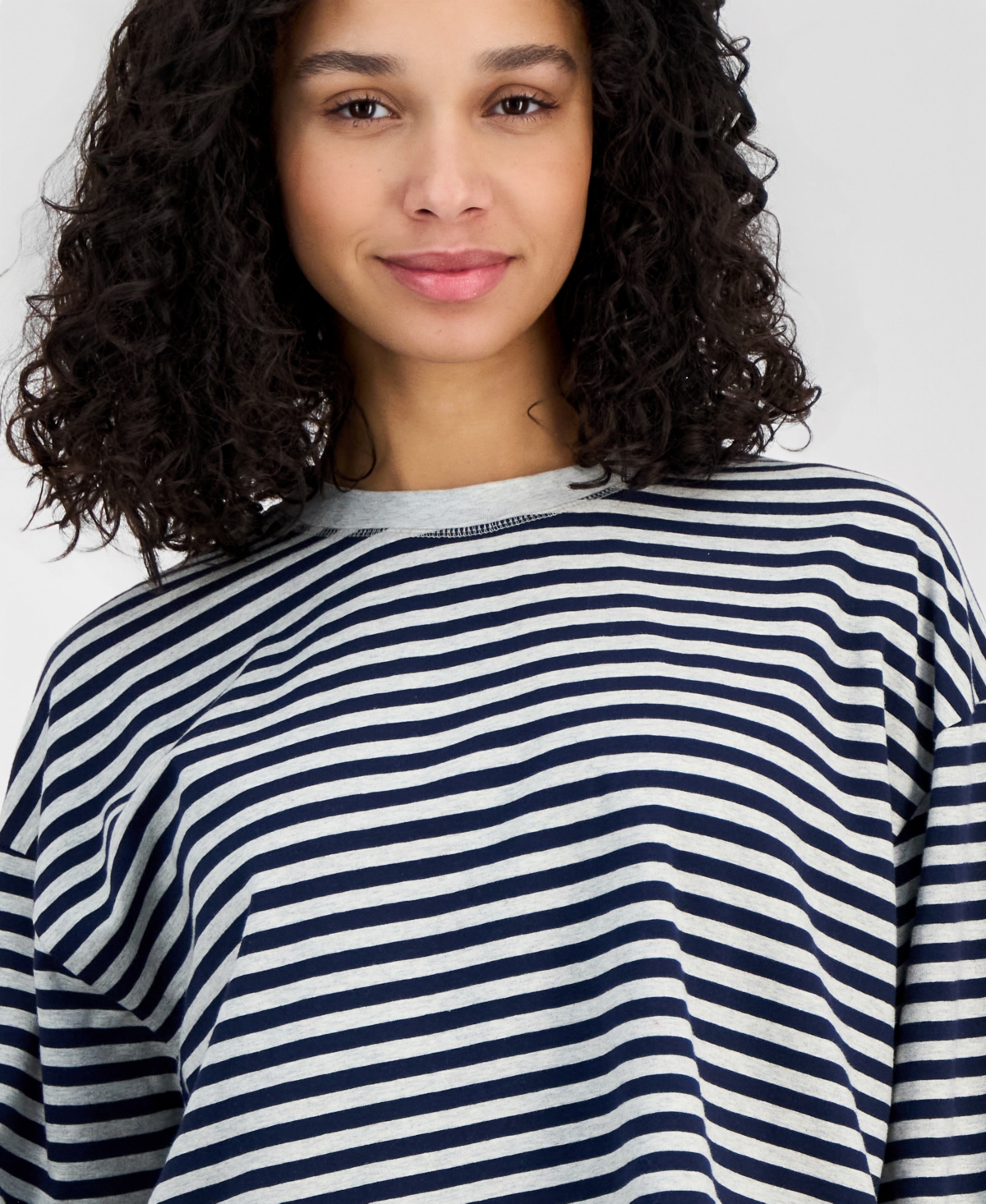 Hippie Rose Juniors' Oversized Striped Long-Sleeve Crewneck Tee
