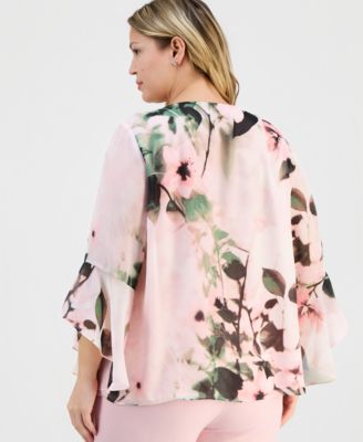 Plus Size Floral-Print Keyhole-Front Flutter-Sleeve Top