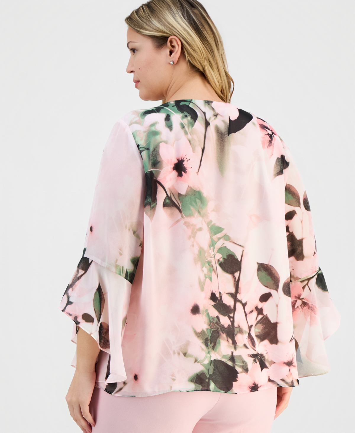 Kasper Plus Floral-Print Keyhole-Front Flutter-Sleeve Top