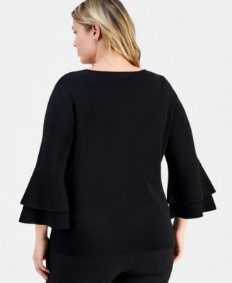 Plus Size Boat-Neck Flare-Cuffs Sweater 