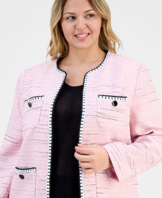 Plus Size Collarless Open-Front Tweed Jacket 