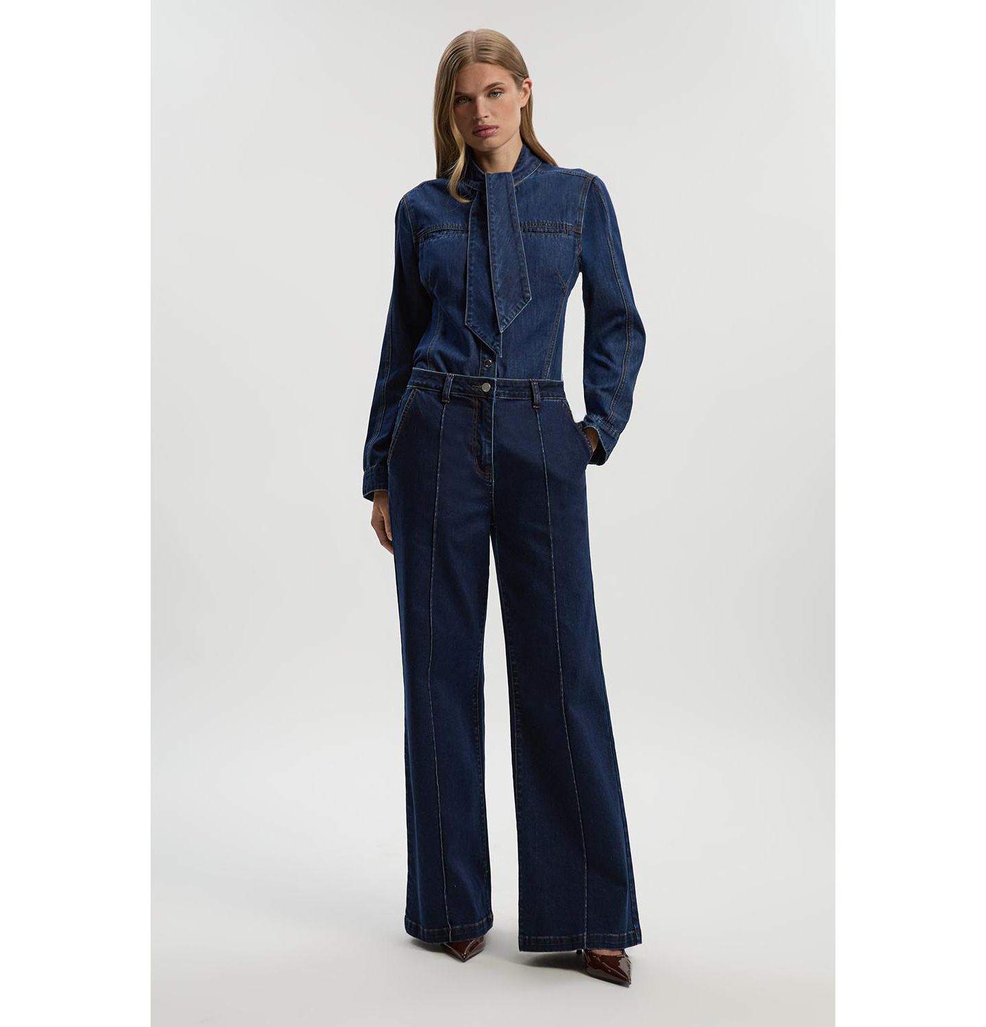 Женская блузка Karen Millen Denim Pussybow, цвет: Синий — фото 1